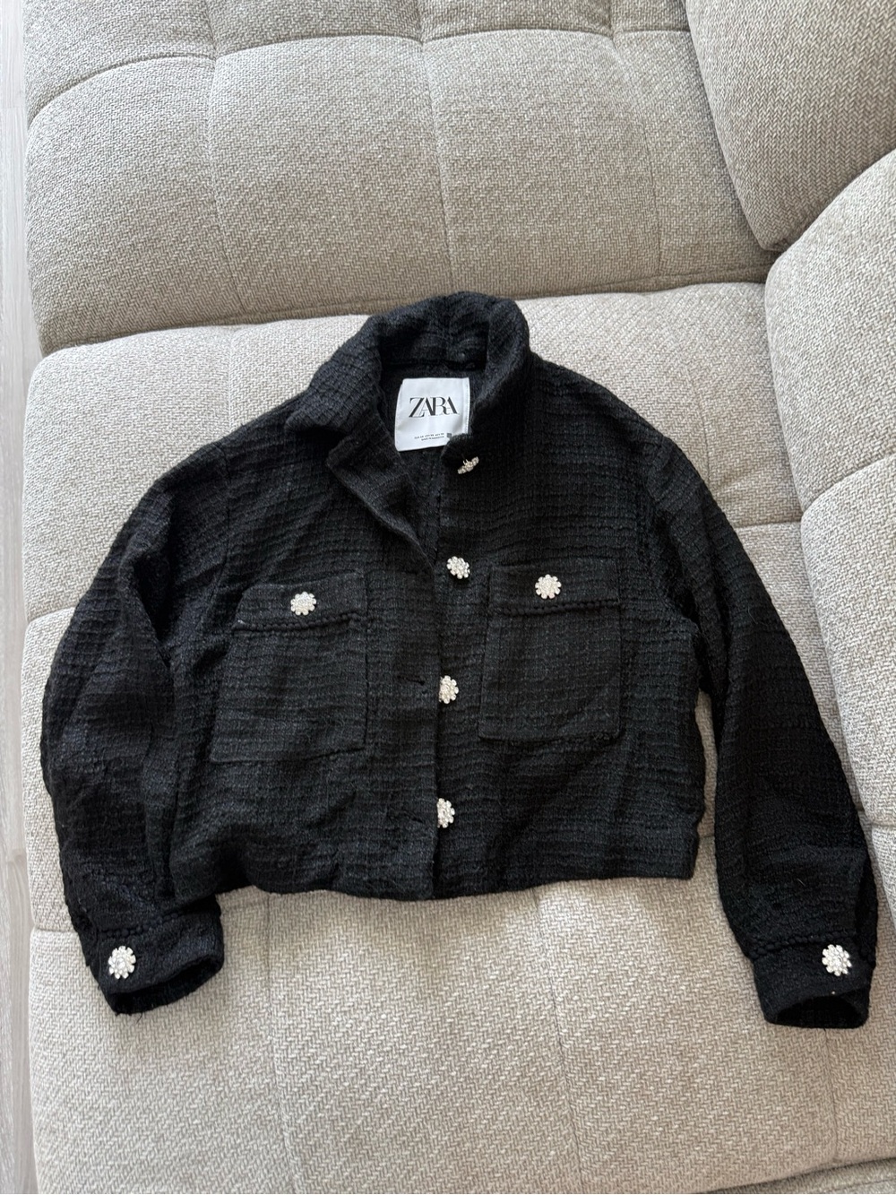 ZARA Black Tweed Cropped Blazer with Floral Buttons